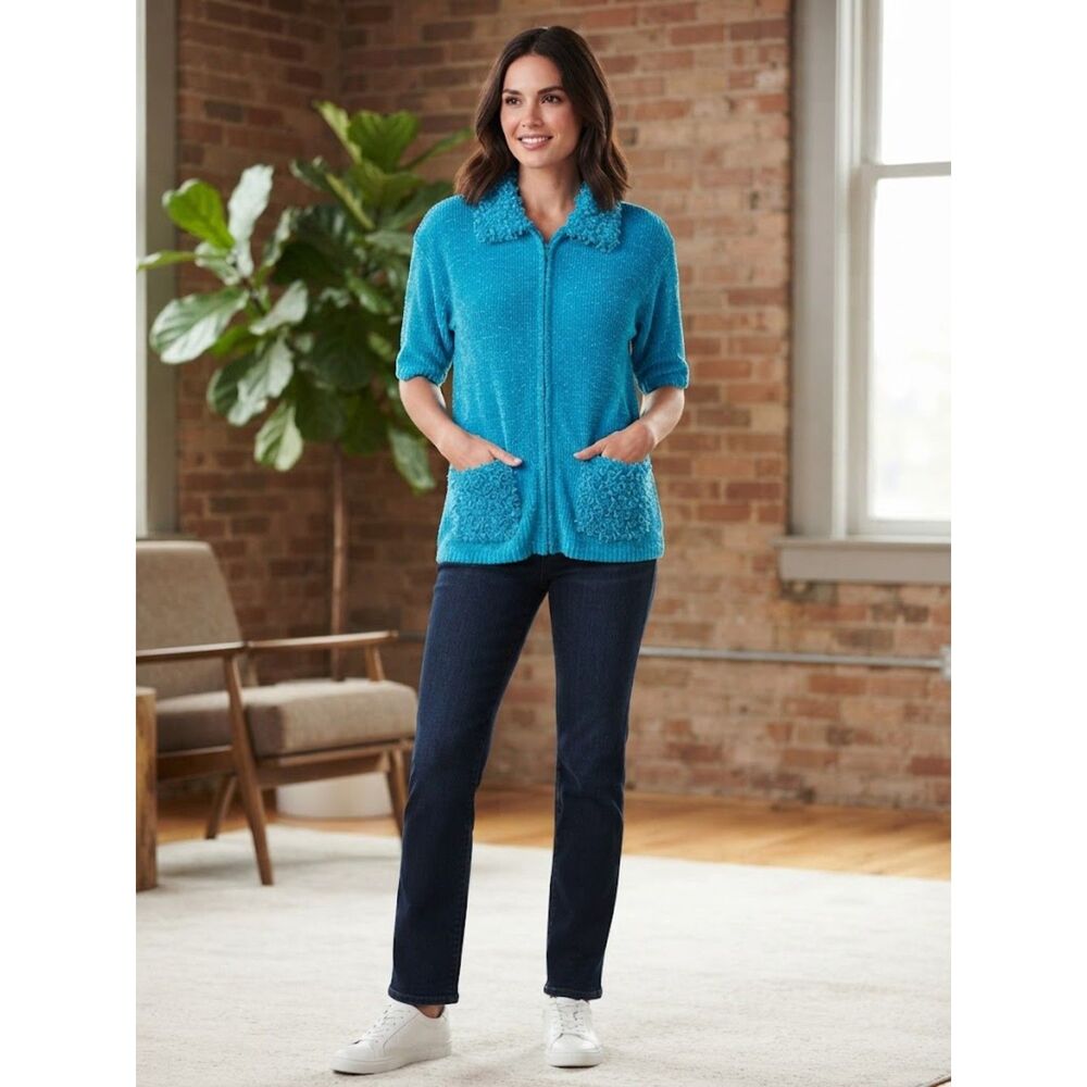 Lisa International Teal-Blue Short Sleeve Zip Cardigan Vintage Women